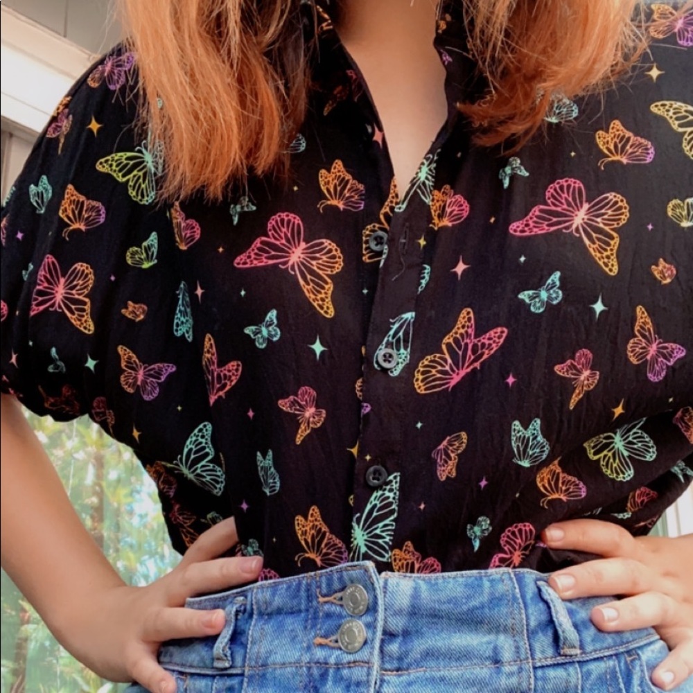 Black Button up with Rainbow Butterflies